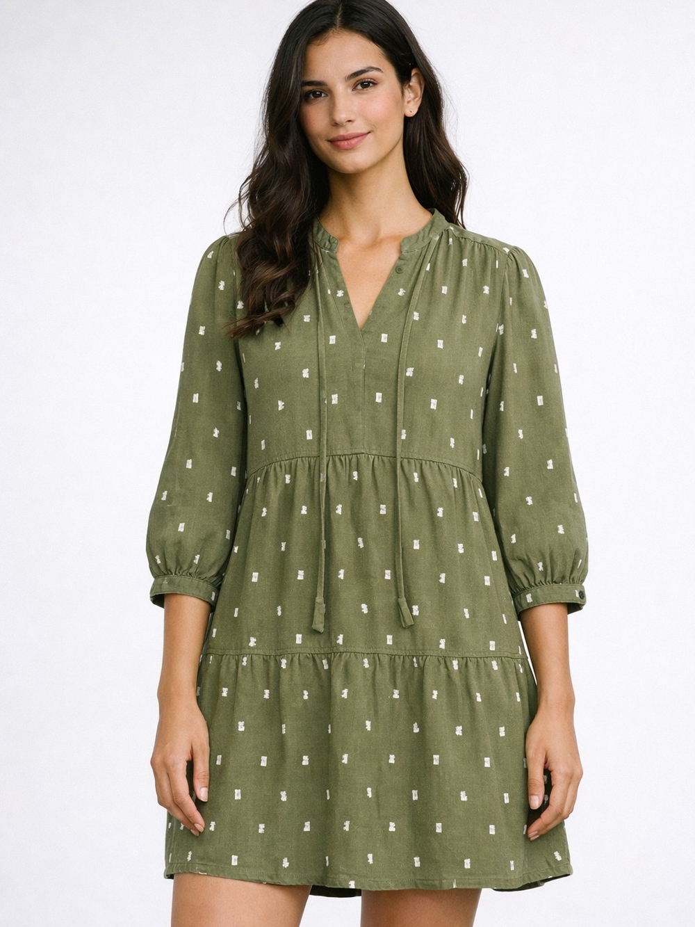 Zara Olive Green Tiered Mini Dress with White Dot Accents